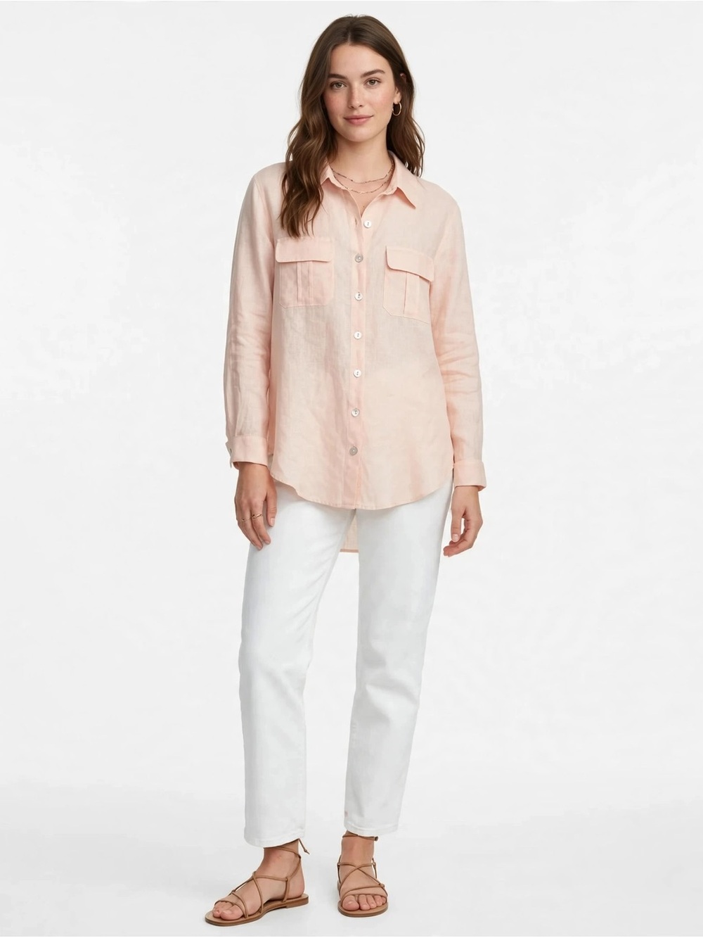 Soft Surroundings 100% Linen Peach Lagenlook Beachy Tunic Button Up Blouse L